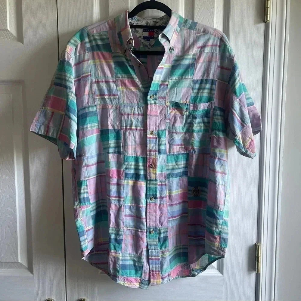 Vintage Tommy Hilfiger Pastel Geometric Short Sleeve Button Down Size Small